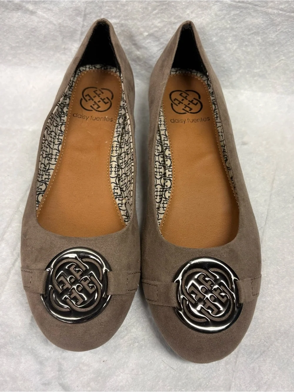 Daisy Fuentes Taupe Suede Flats with Silver Medallion